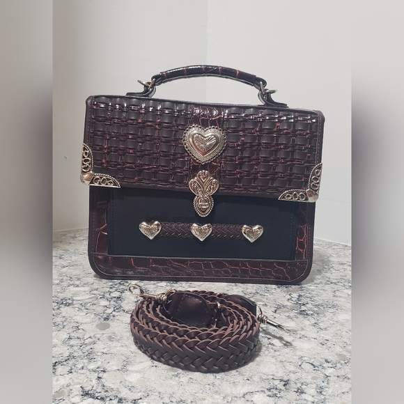 Western Croc Embossed Weaved Turnlock Briefcase Organizer Crossbody Purse - Picture 3 of 15